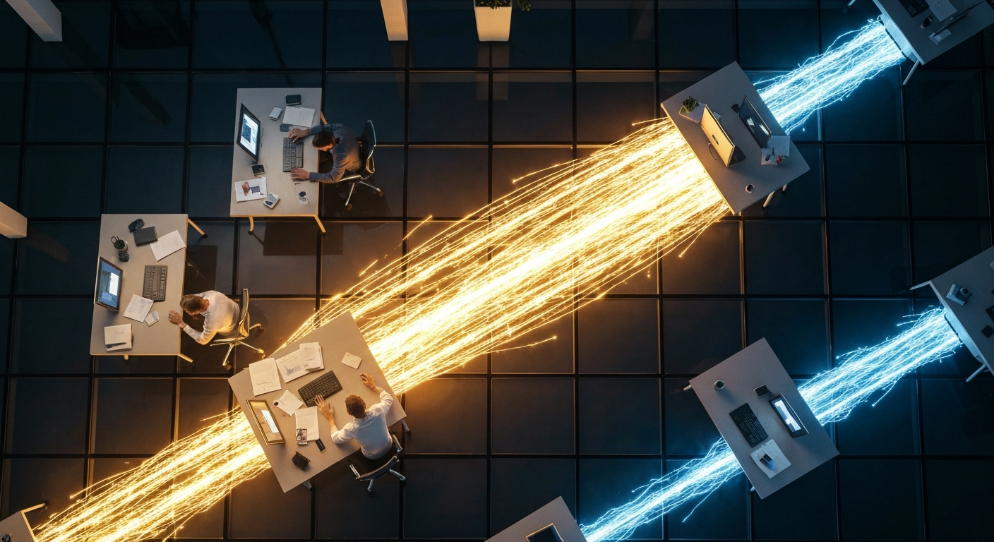 Overhead view of an office floor, workers at desks, amber sparks streaming through the space and narrowing to cool blue light — information under pressure.