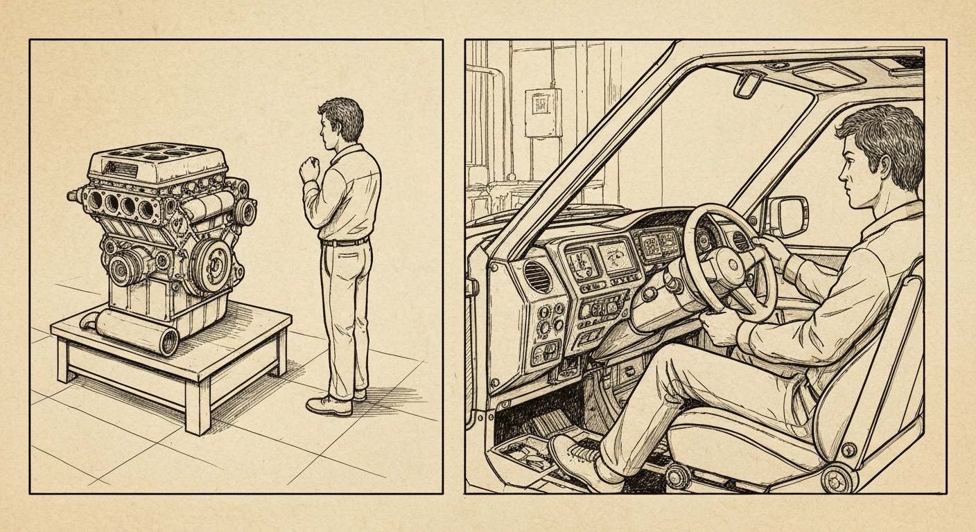 Editorial illustration showing a raw engine on one side and a finished drivable vehicle system on the other